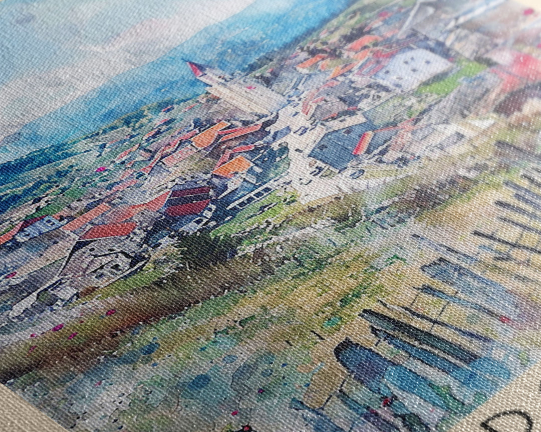 Doboj Bosnia and Herzegovina Countryside Framed Canvas Print, Watercolor Travel Poster, Bosnian Scenic Art, Cozy Home Decor, Rustic Wall Art, Living Room Decor