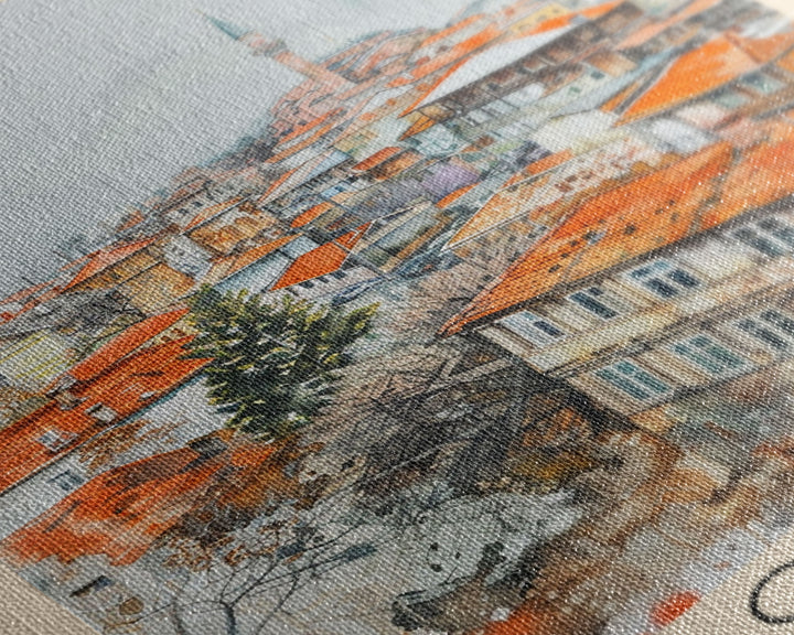 Dobrich Bulgaria Quaint Town Framed Canvas Print, Watercolor Travel Poster, Bulgarian Village Art, Rustic Home Decor, Vintage Wall Art, Living Room Enhancement