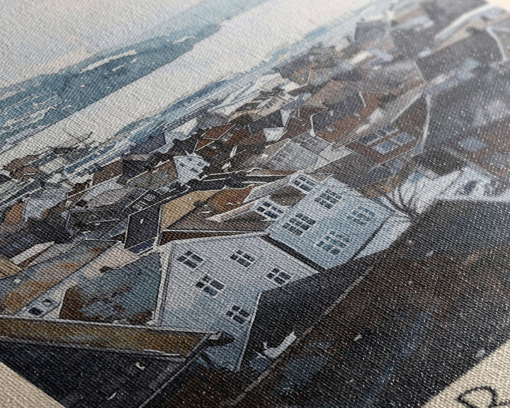 Drammen Norway Serene Landscape Framed Canvas Print, Watercolor Travel Poster, Norwegian Scenic Art, Tranquil Home Decor, Peaceful Wall Art, Living Room Beauty