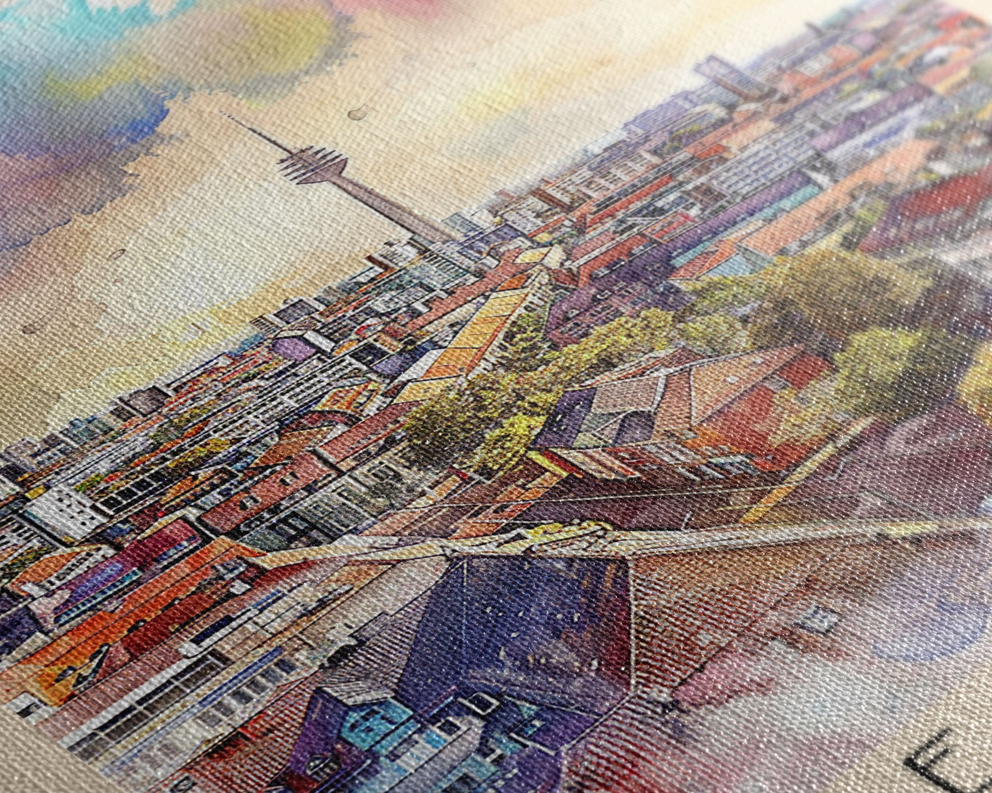 Essen Germany Vibrant Cityscape Watercolor Framed Canvas Print, Dynamic Travel Poster Art for Living Room and Bedroom Decor