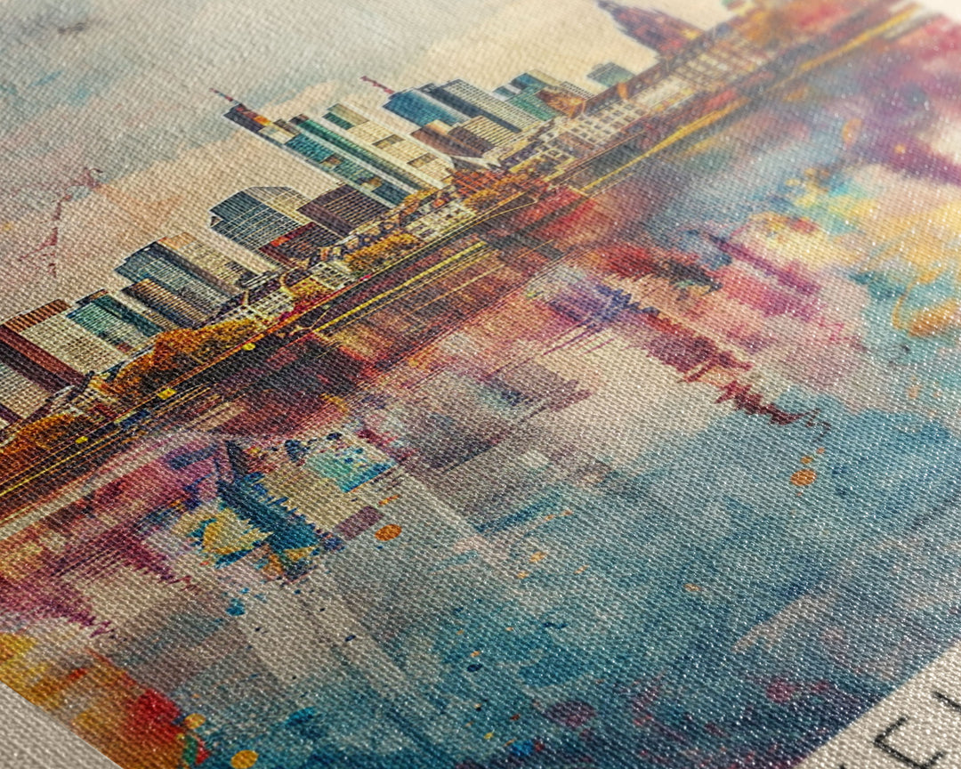 Frankfurt Germany Modern Skyline Watercolor Framed Canvas Print, Contemporary Travel Poster Art for Home and Office Wall Decor