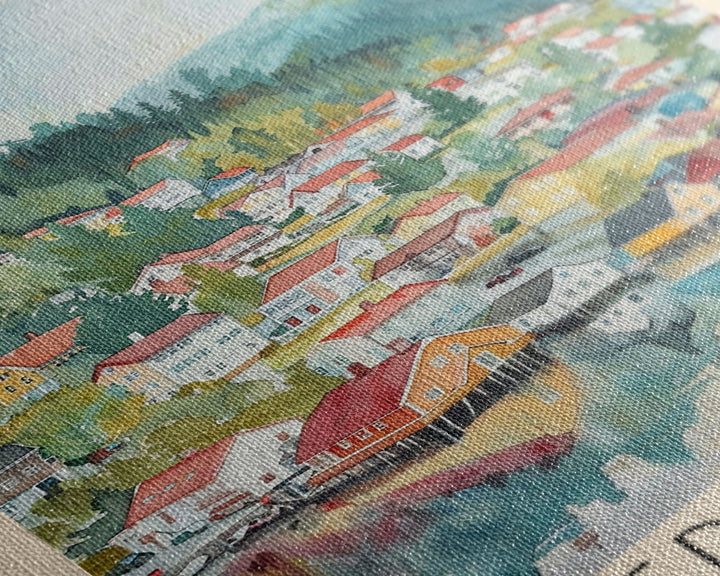 Fredrikstad Norway Picturesque Watercolor Framed Canvas Print, Enchanting Travel Poster Art for Living Room and Bedroom Decor