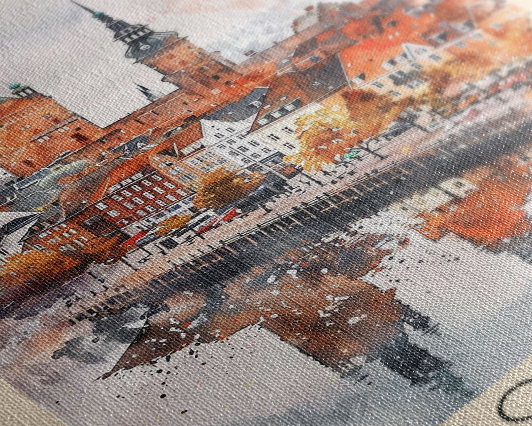 Kolding Denmark Waterfront View, Framed Canvas Print, Travel Poster, Wall Art, Kitchen Decor, Danish Urban Painting, Waterfront Scenery