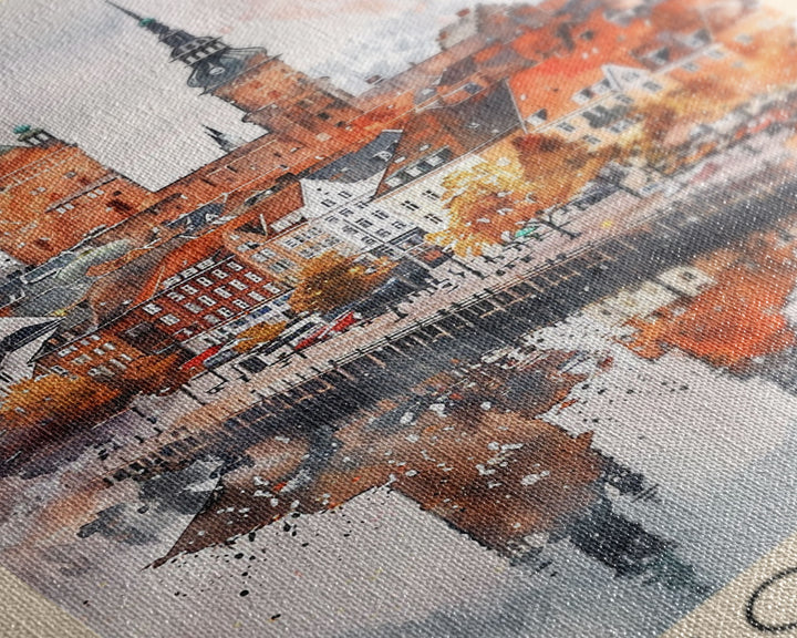 Kolding Denmark Waterfront View, Framed Canvas Print, Travel Poster, Wall Art, Kitchen Decor, Danish Urban Painting, Waterfront Scenery