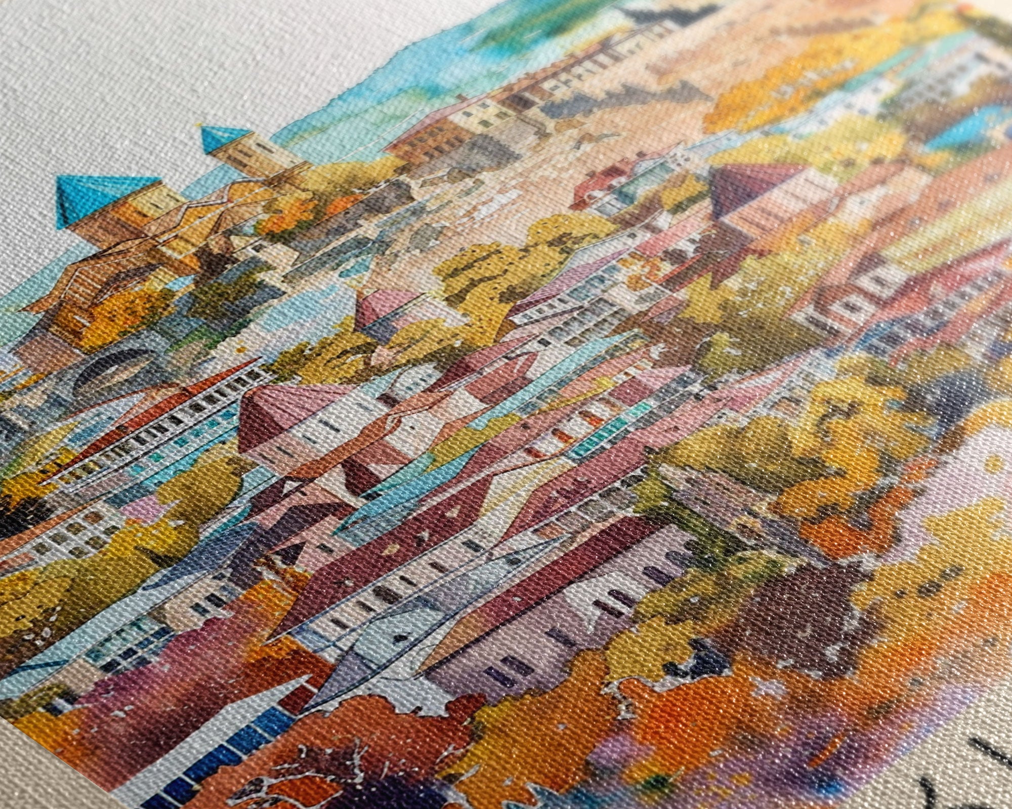 Kutaisi Georgia Travel Poster Framed Canvas Print, Scenic Landscape, Watercolor Art, Wall Decor, Home Decoration, Travel Print, Original Art