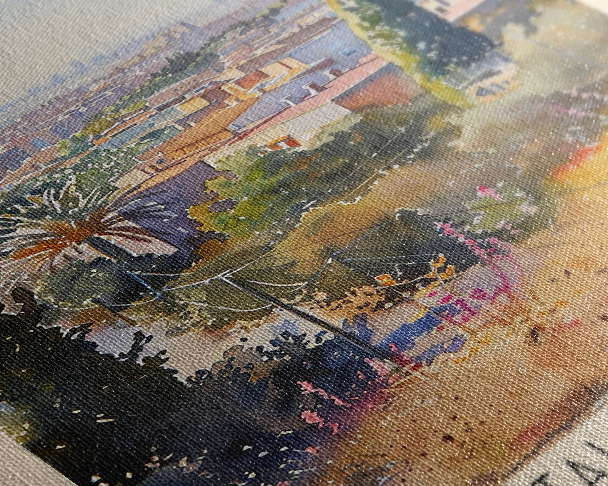 L'Hospitalet Spain Travel Poster Framed Canvas Print, Urban Landscape, Watercolor Painting, Wall Art, Home Decor, Travel Print, Artistic Gift