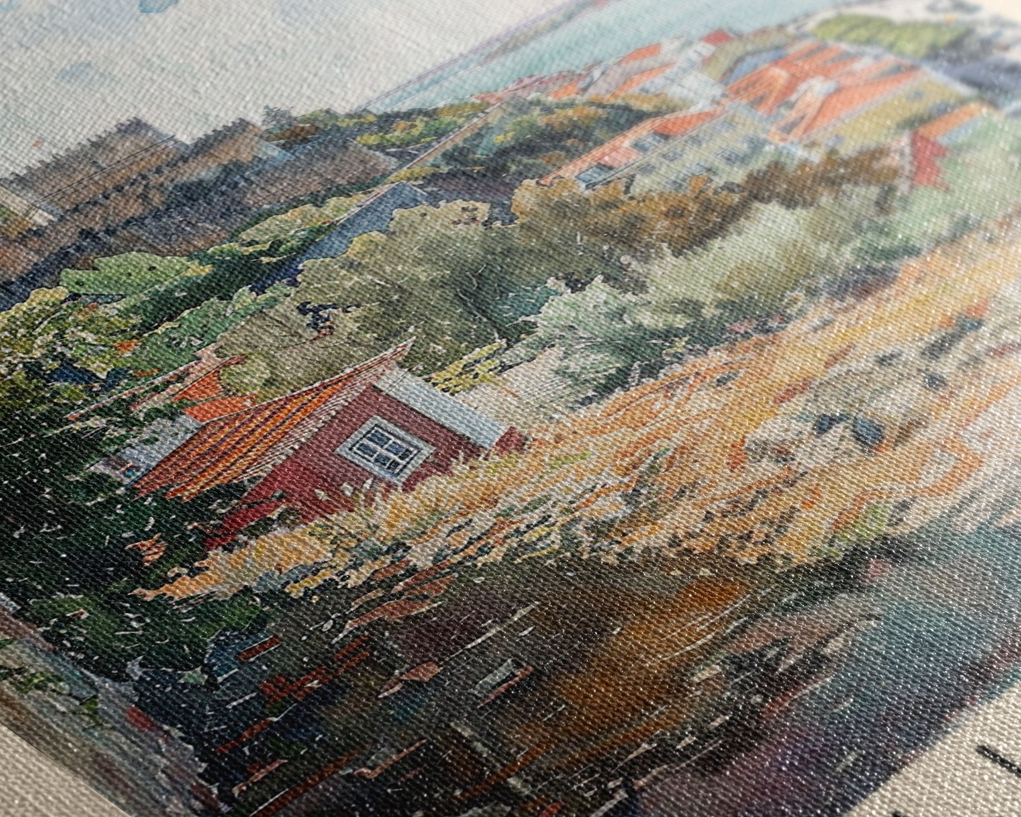 Lisbon Portugal Travel Poster Framed Canvas Print, Coastal Cityscape, Watercolor Painting, Wall Art, Home Decoration, Travel Print, Artistic Gift