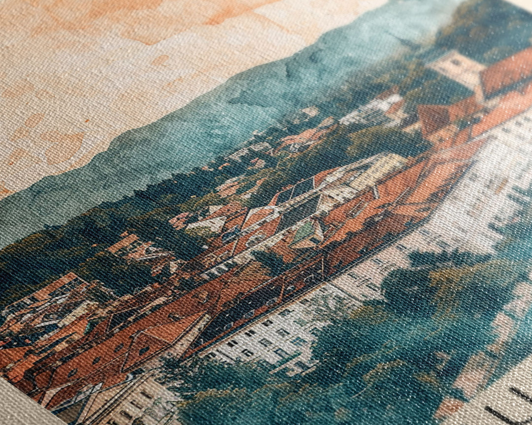 Ljubljana Slovenia Travel Poster Framed Canvas Print, Urban Landscape, Watercolor Art, Wall Decor, Home Decoration, Travel Print, Original Art