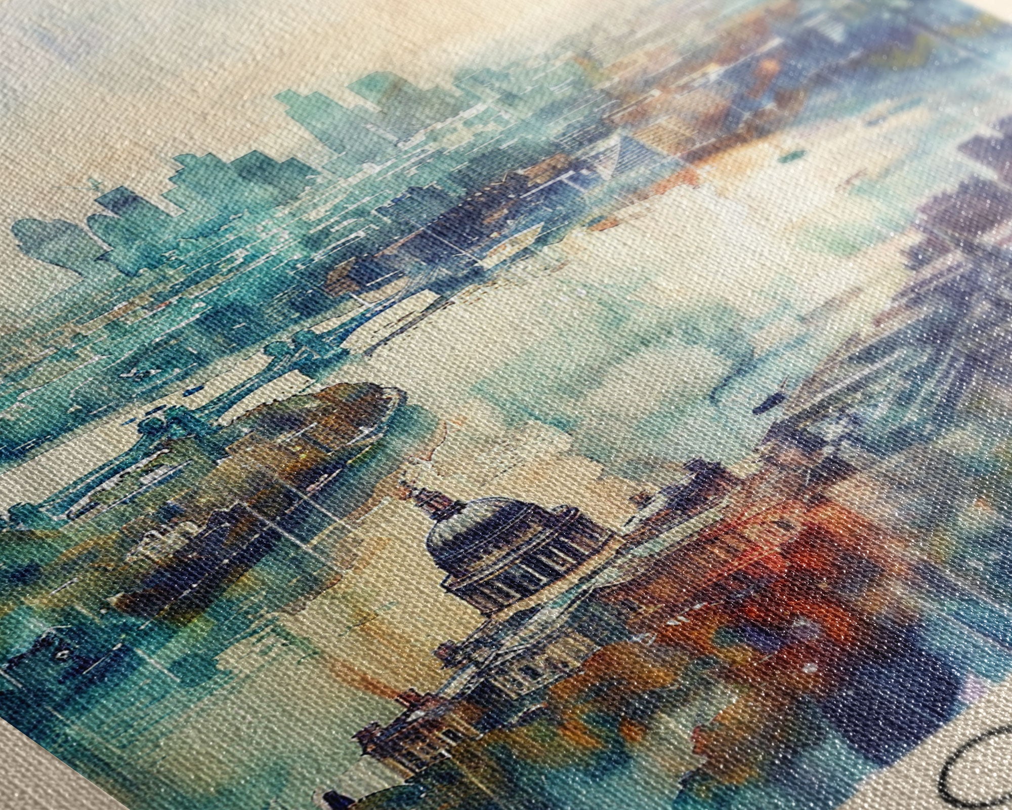 London United Kingdom Travel Poster Framed Canvas Print, Iconic Cityscape, Watercolor Art, Wall Decor, Home Decoration, Travel Print, Artistic Gift