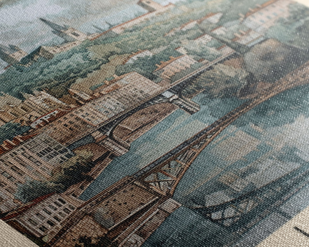 Lyon France Travel Poster Framed Canvas Print, Historic Cityscape, Watercolor Art, Wall Hanging, Home Decor, Travel Print, Art Collectible