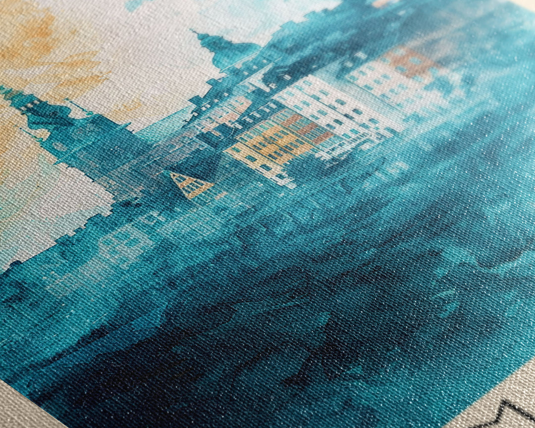 Malmo Sweden Travel Poster Framed Canvas Print, Modern Cityscape, Urban Art, Wall Hanging, Home Decor, Travel Print, Original Piece