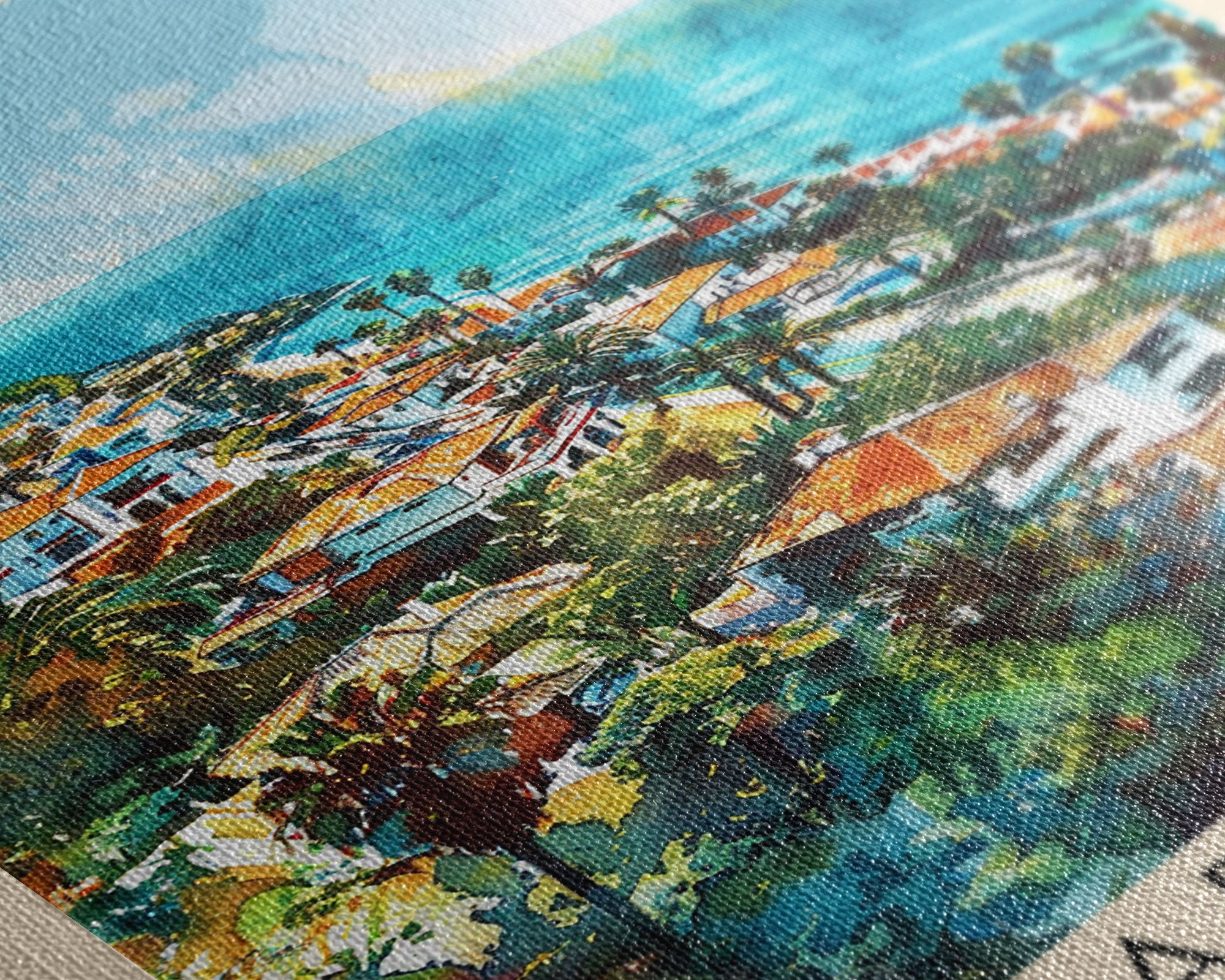 Marbella Spain Travel Poster Framed Canvas Print, Coastal Cityscape, Watercolor Painting, Wall Decor, Home Decoration, Travel Print, Artistic Piece