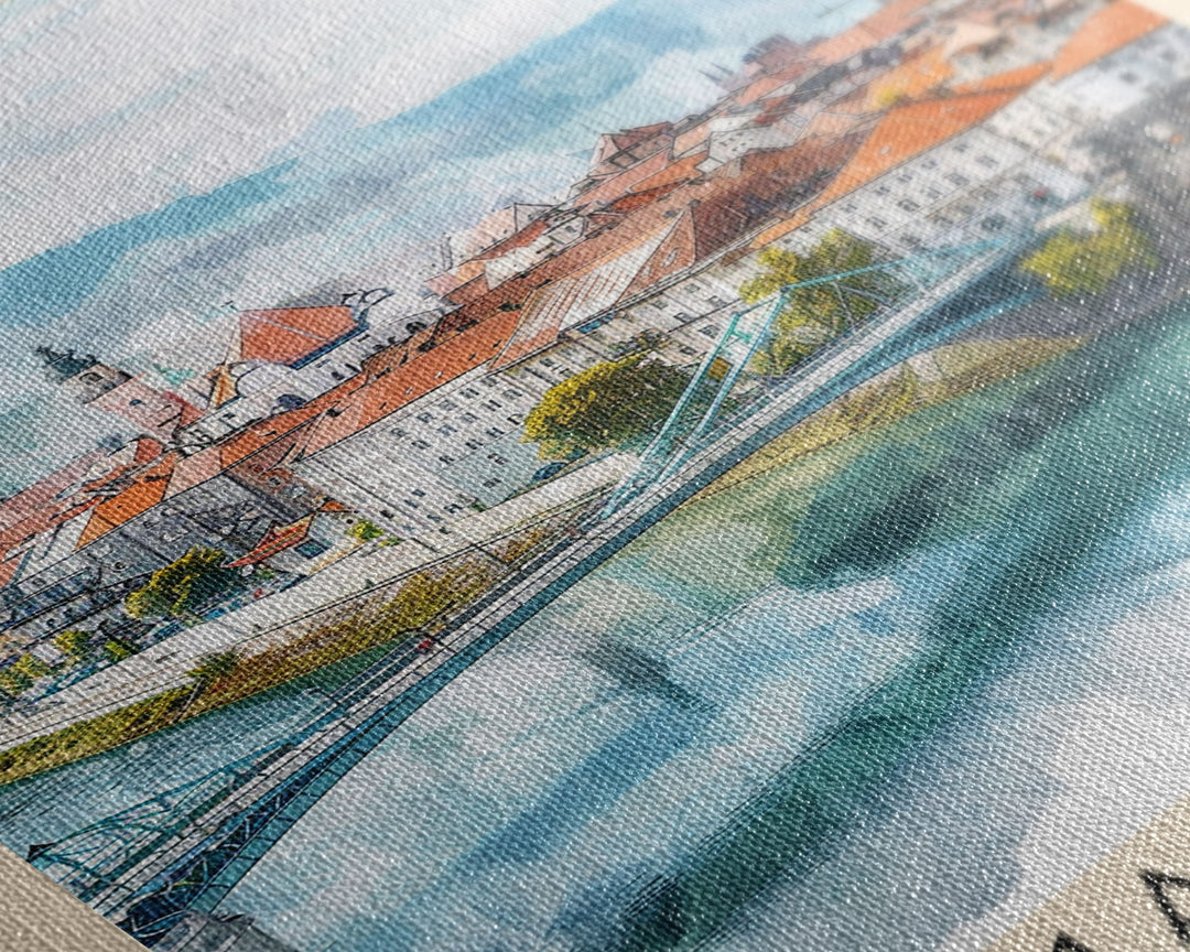 Maribor Slovenia Travel Poster Framed Canvas Print, Urban Landscape, Watercolor Art, Wall Hanging, Home Decor, Travel Print, Original Art