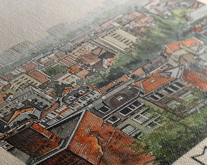 Mons Belgium Travel Poster Framed Canvas Print, Scenic Urban Landscape, Watercolor Painting, Wall Art, Home Decor, Travel Print, Original Painting