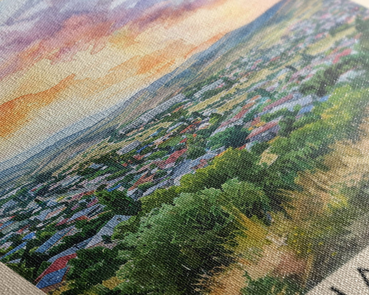 Nalchik Russia Travel Poster Framed Canvas Print, Sunset Watercolor Painting, Scenic Art, Vacation Wall Art, Living Room Decor, Unique Art