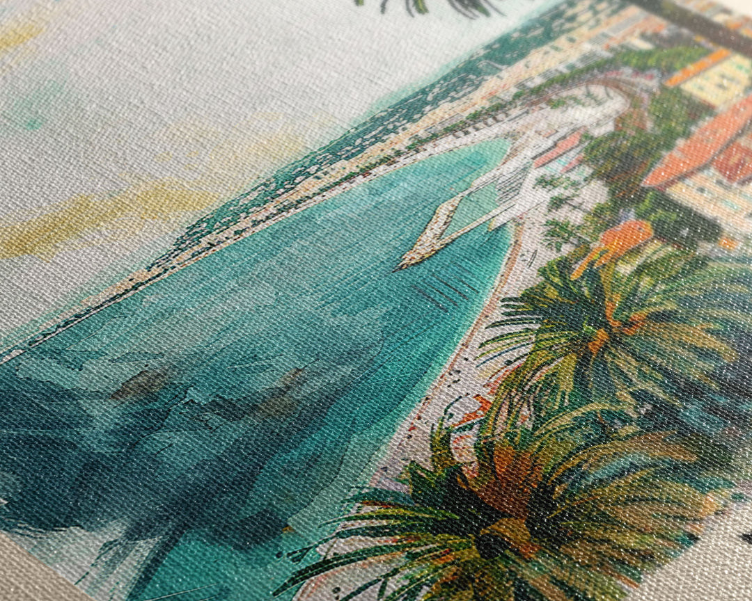 Nice France Travel Poster Framed Canvas Print, Coastal Watercolor Painting, Scenic Wall Art, Home Decor, Vacation Art, Unique Art
