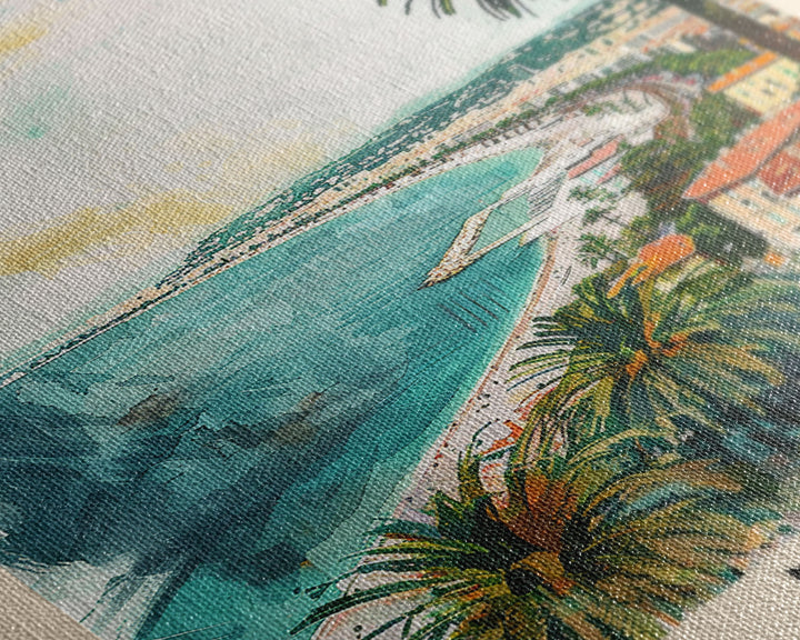 Nice France Travel Poster Framed Canvas Print, Coastal Watercolor Painting, Scenic Wall Art, Home Decor, Vacation Art, Unique Art