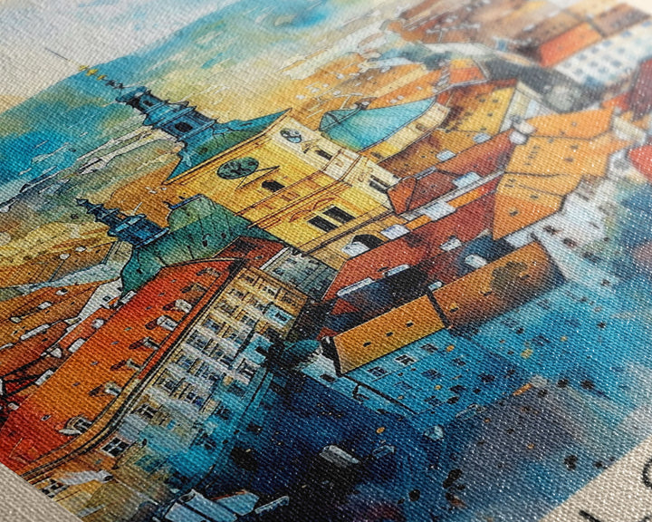 Olomouc Czech Travel Poster Framed Canvas Print, Watercolor Painting, Historic Wall Art, Home Decor, Czech Architecture, Vintage Style