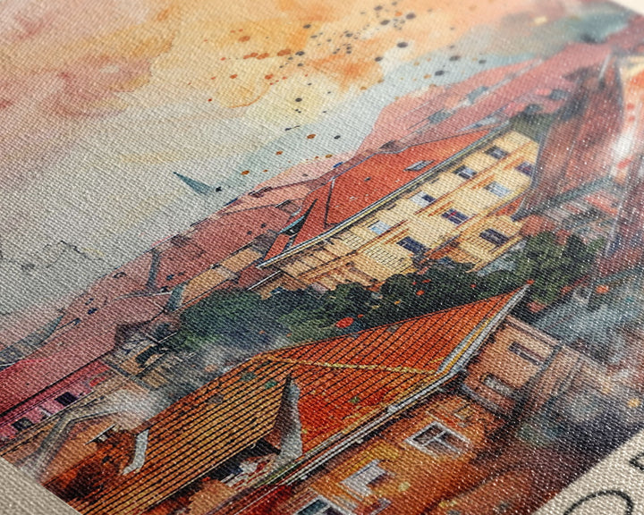 Oradea Romania Travel Poster Framed Canvas Print, Watercolor Painting, Scenic Wall Art, Home Decor, Romanian Architecture, Artistic Decor