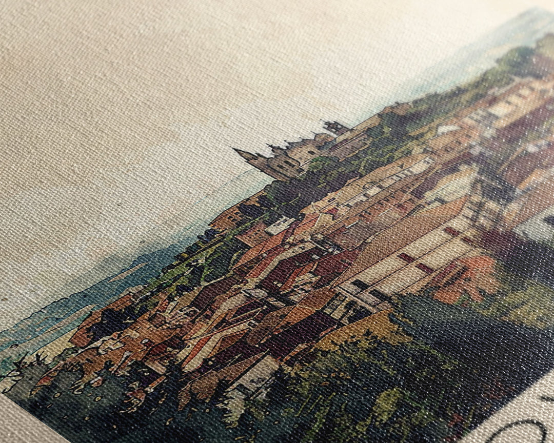 Oviedo Spain Travel Poster Framed Canvas Print, Watercolor Painting, Scenic Wall Art, Home Decor, Spanish Cityscape, Classic Art