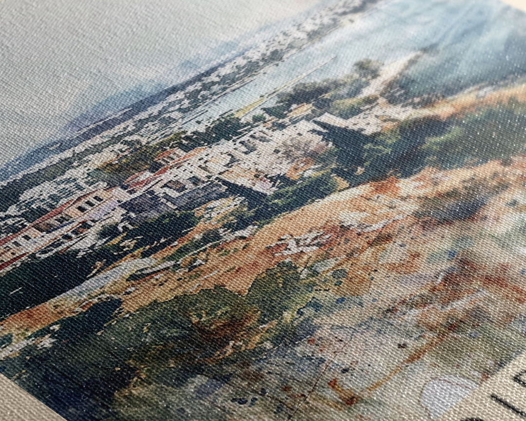 Piraeus Greece Travel Poster Framed Canvas Print, Watercolor Painting, Coastal Wall Art, Home Decor, Greek Seaside, Vibrant Art