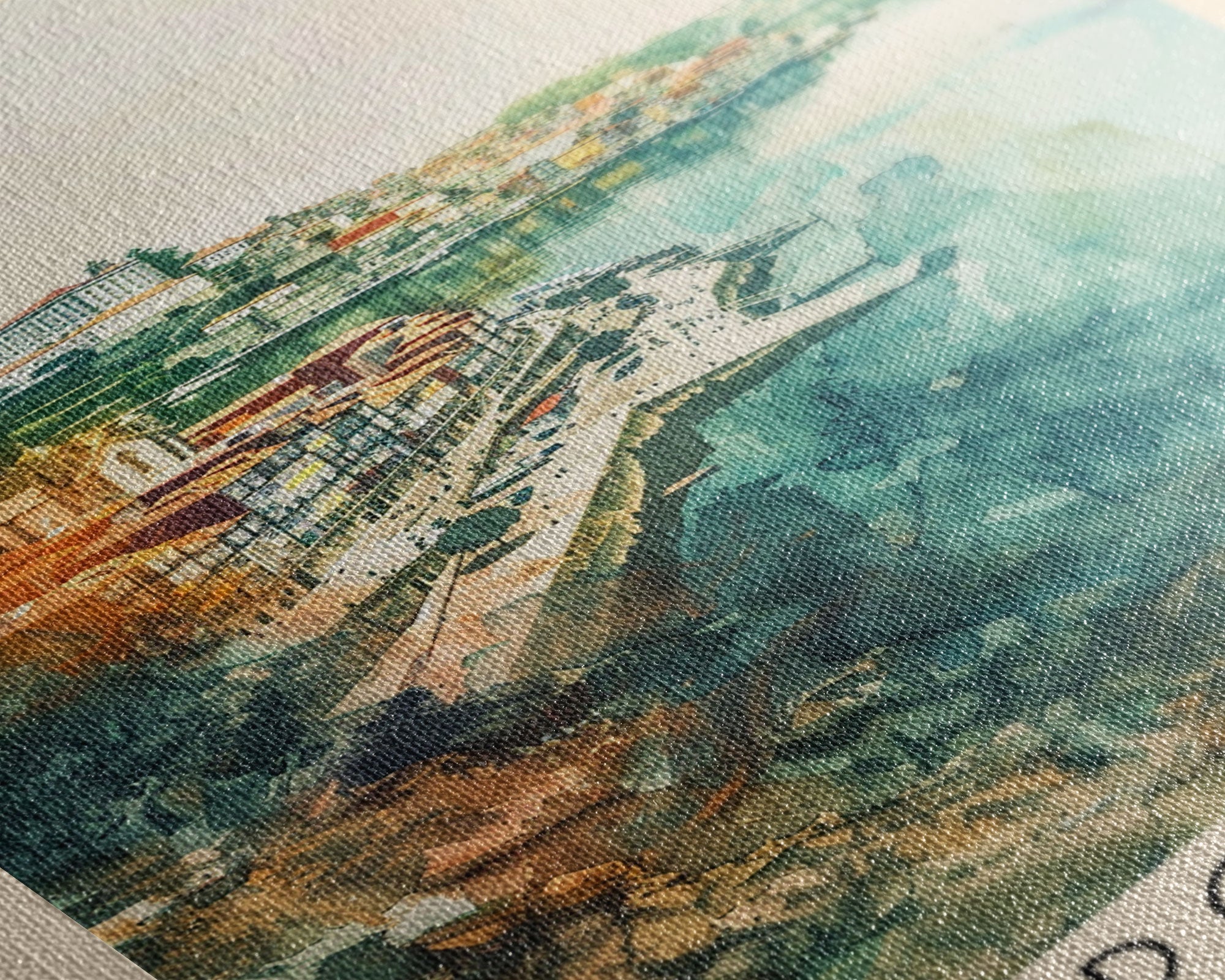 Porto Portugal Travel Poster Framed Canvas Print, Watercolor Painting, Coastal Wall Art, Home Decor, Portuguese Seaside, Vibrant Art