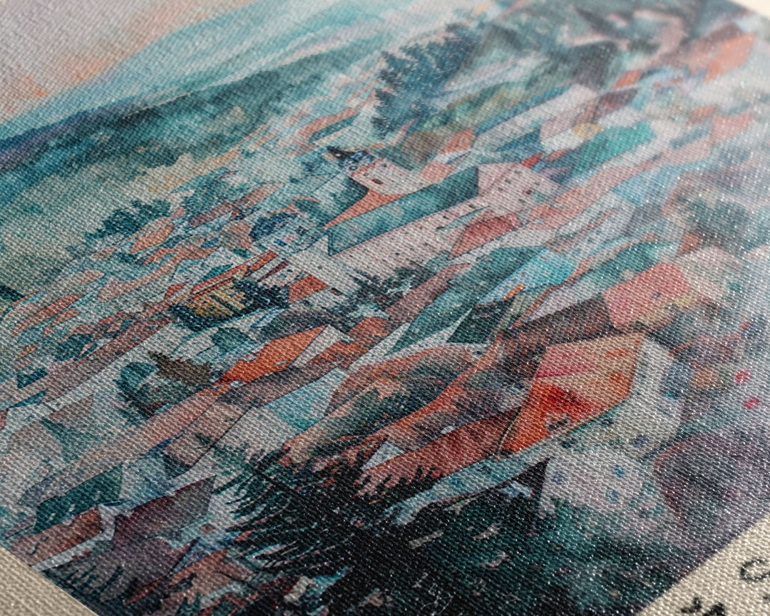 Povazska Bystrica Slovakia Travel Poster Framed Canvas Print, Watercolor Painting, Scenic Wall Art, Home Decor, Slovakian Landscape, Modern Decor