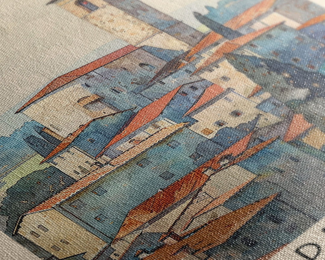 Prato Italy Travel Poster Framed Canvas Print, Watercolor Painting, Scenic Wall Art, Home Decor, Italian Landscape, Vibrant Art