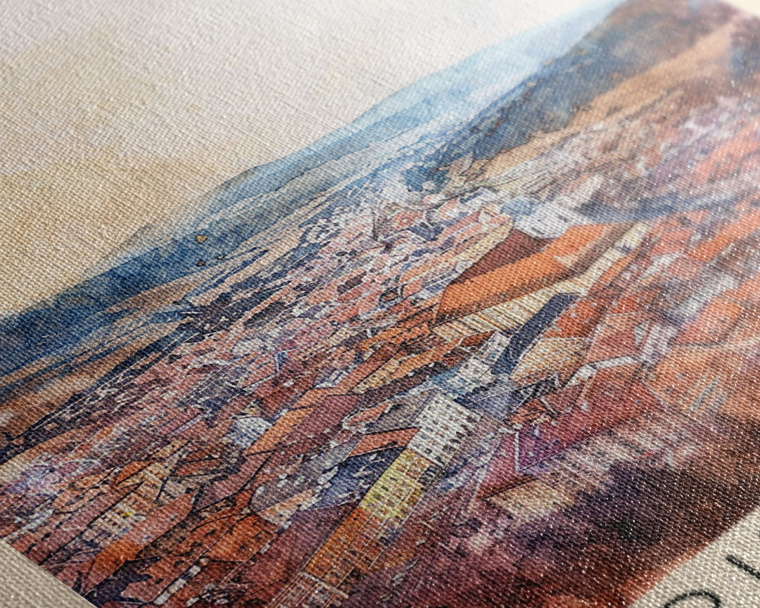 Prievidza Slovakia Travel Poster Framed Canvas Print, Watercolor Painting, Scenic Wall Art, Home Decor, Slovakian Landscape, Modern Art