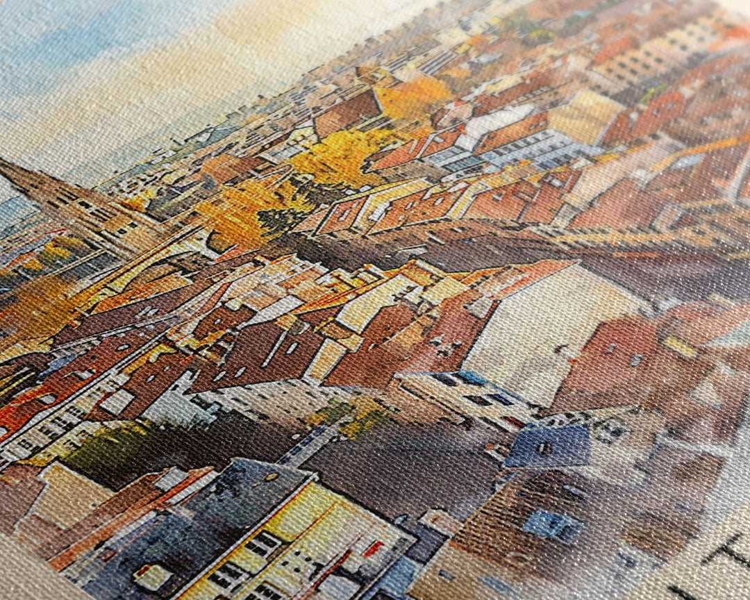 Saint Etienne France Travel Poster Framed Canvas Print, Watercolor Painting, Scenic Wall Art, Home Decor, French Cityscape, Classic Art