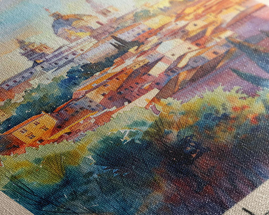 Salamanca Spain Travel Poster Framed Canvas Print, Watercolor Painting, Scenic Wall Art, Home Decor, Spanish Cityscape, Artistic Decor