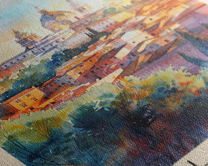 Salamanca Spain Travel Poster Framed Canvas Print, Watercolor Painting, Scenic Wall Art, Home Decor, Spanish Cityscape, Artistic Decor