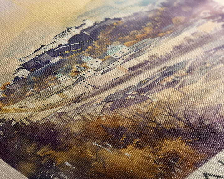 Salzburg Austria Travel Poster Framed Canvas Print, Watercolor Painting, Historic Wall Art, Home Decor, Austrian Architecture, Classic Decor