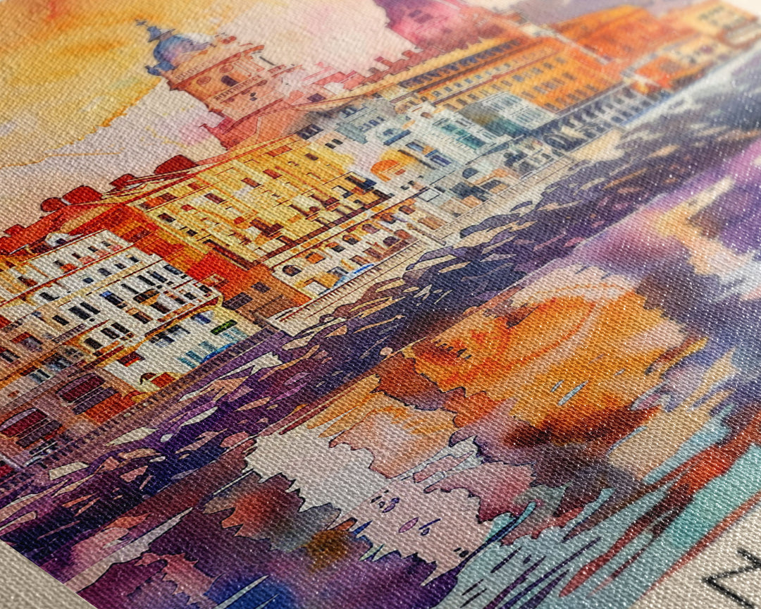 Santander Spain Travel Poster Framed Canvas Print, Watercolor Painting, Coastal Wall Art, Home Decor, Spanish Seaside, Vibrant Art