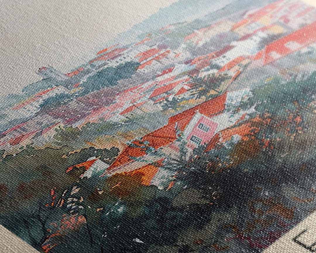 Setubal Portugal Travel Poster Framed Canvas Print, Watercolor Painting, Coastal Wall Art, Home Decor, Portuguese Seaside, Artistic Art