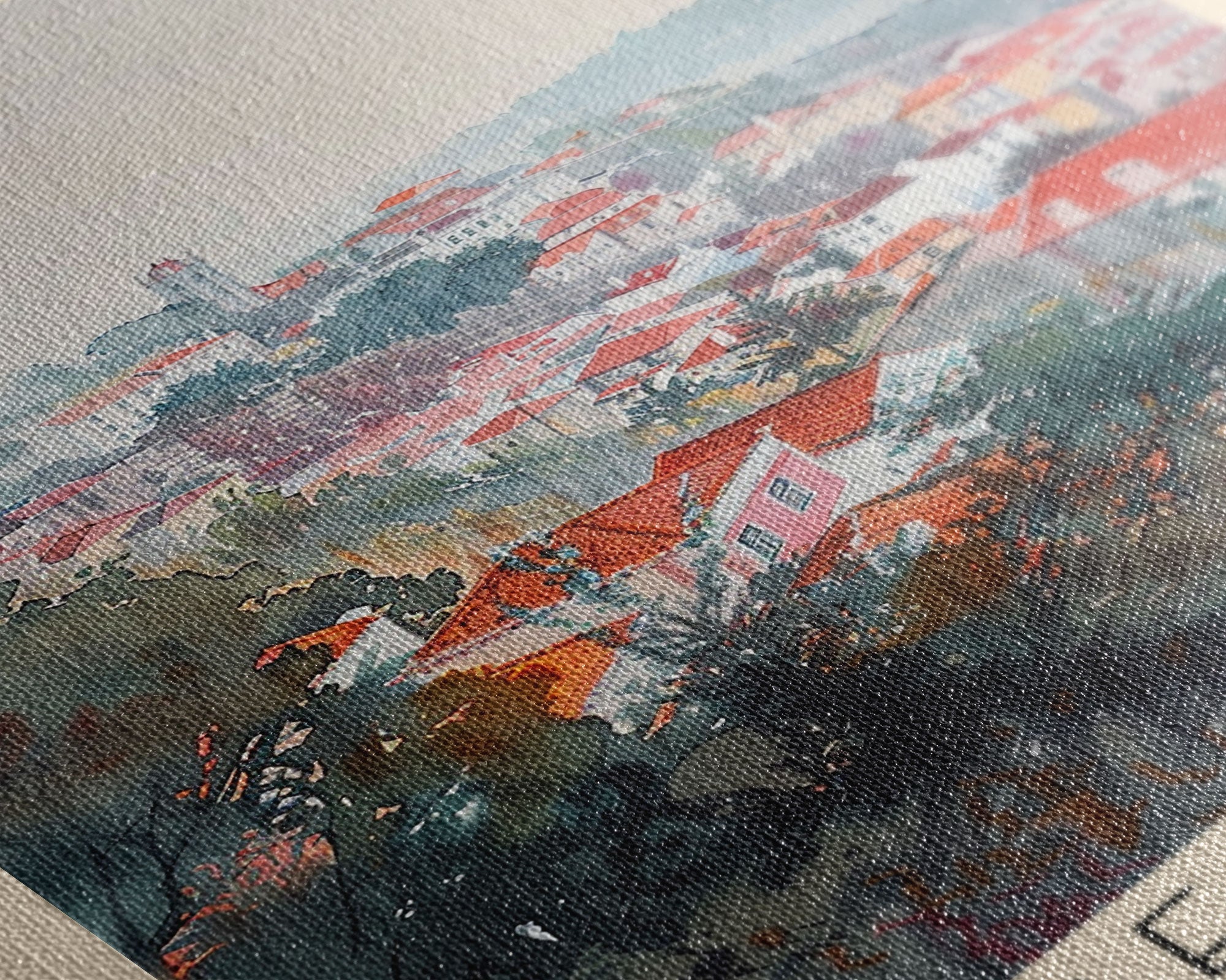 Setubal Portugal Travel Poster Framed Canvas Print, Watercolor Painting, Coastal Wall Art, Home Decor, Portuguese Seaside, Artistic Art