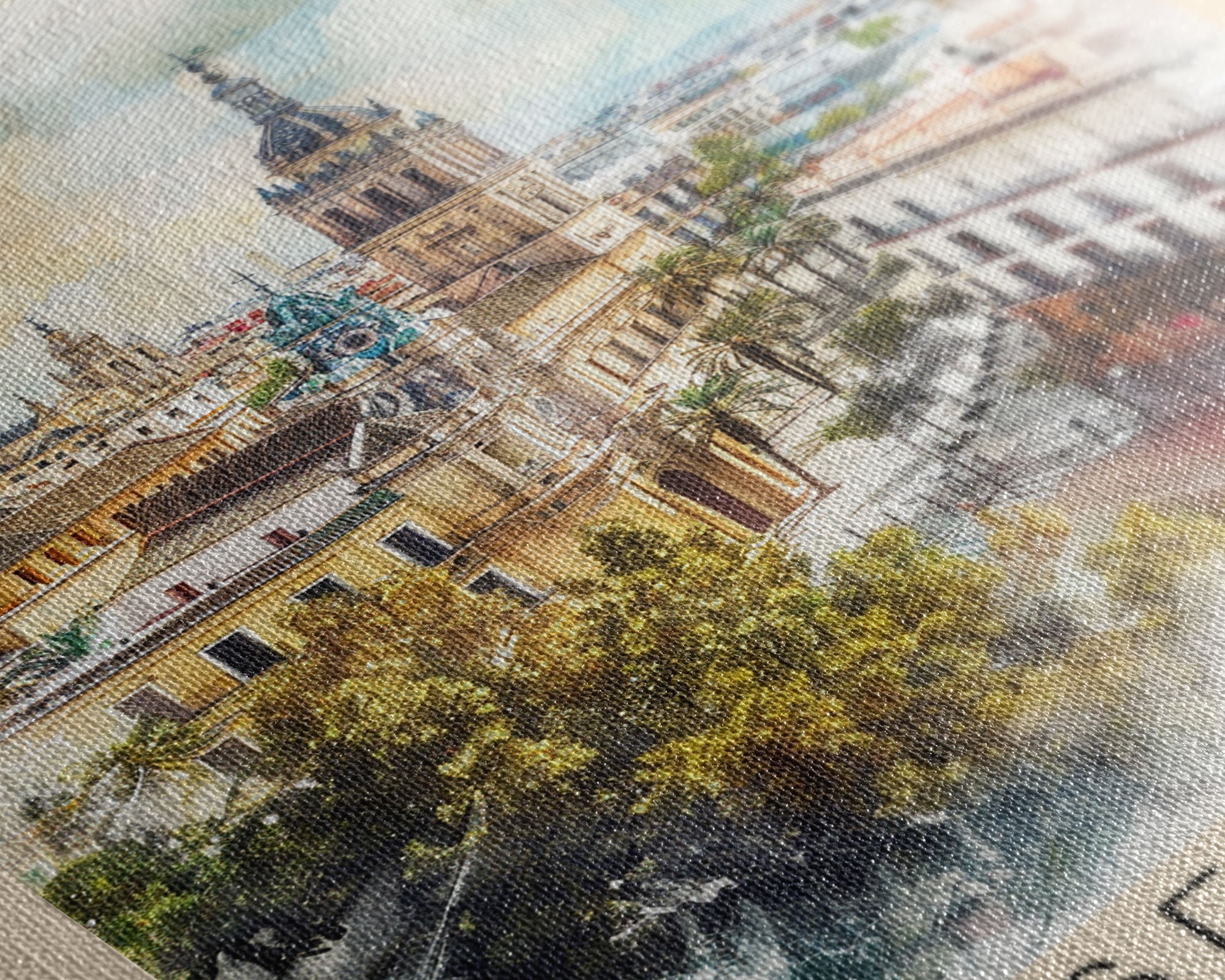 Seville Spain Travel Poster Framed Canvas Print, Watercolor Painting, Historic Wall Art, Home Decor, Spanish Architecture, Vibrant Decor