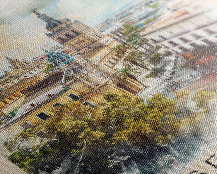 Seville Spain Travel Poster Framed Canvas Print, Watercolor Painting, Historic Wall Art, Home Decor, Spanish Architecture, Vibrant Decor