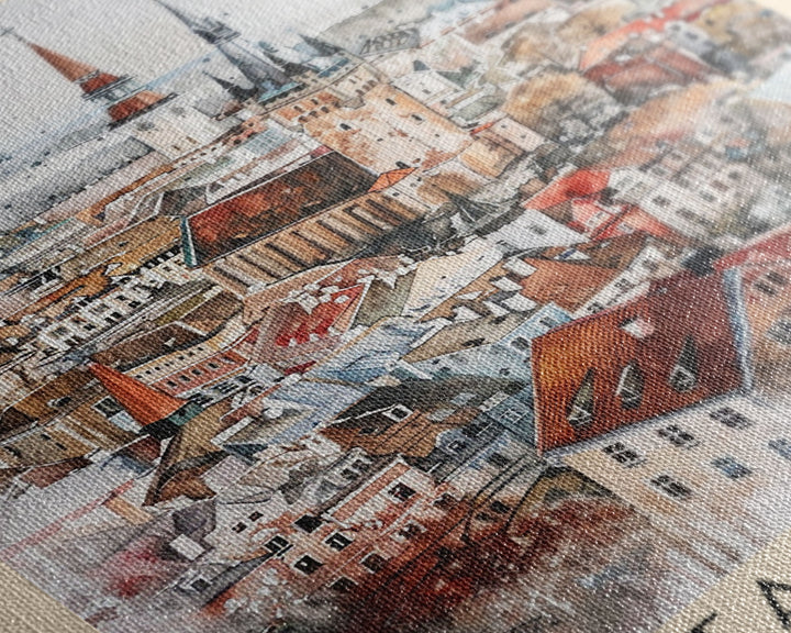 Tallinn Estonia Travel Poster Framed Canvas Print, Watercolor Painting, Scenic Wall Art, Home Decor, Estonian Cityscape, Modern Art