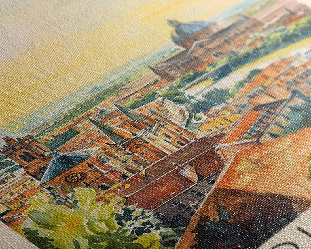 Toulouse France Travel Poster Framed Canvas Print, Watercolor Painting, Urban Wall Art, Home Decor, French Architecture, Stylish Decor