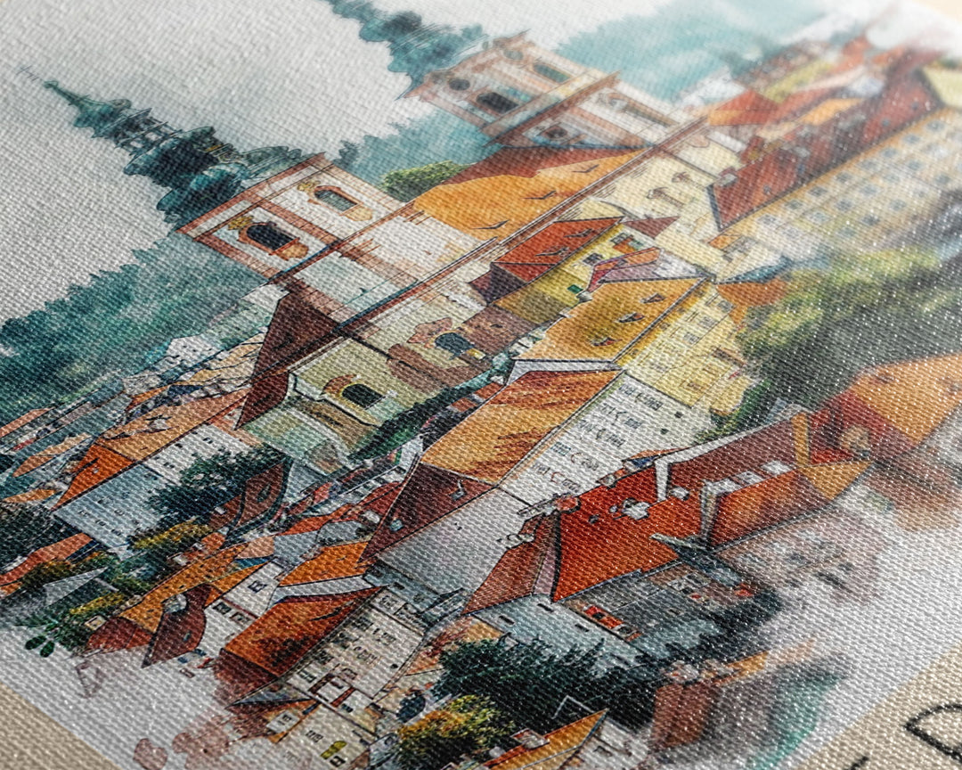 Trencin Slovakia Travel Poster Framed Canvas Print, Watercolor Painting, Scenic Wall Art, Home Decor, Slovakian Landscape, Alpine Decor