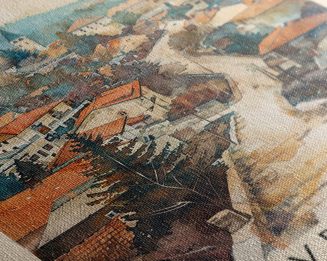 Vranje Serbia Travel Poster Framed Canvas Print, Watercolor Painting, Scenic Wall Art, Home Decor, Serbian Landscape, Traditional Art