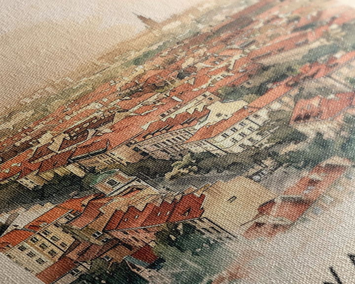 Warsaw Poland Travel Poster Framed Canvas Print, Watercolor Painting, Historic Wall Art, Home Decor, Polish Cityscape, Unique Gift Idea