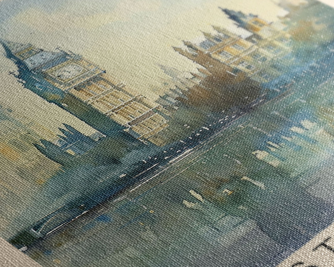 Westminster United Kingdom Travel Poster Framed Canvas Print, Watercolor Painting, Urban Wall Art, Home Decor, British Cityscape, Gift for Travelers