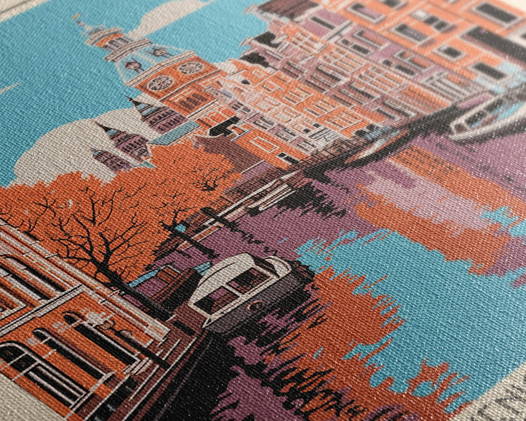 Amsterdam Netherlands Travel Poster Framed Canvas Print, Midcentury Modern Art, Pop Art Decor, Wall Art, Vacation Gift, Living Room Decoration, Scenic Print