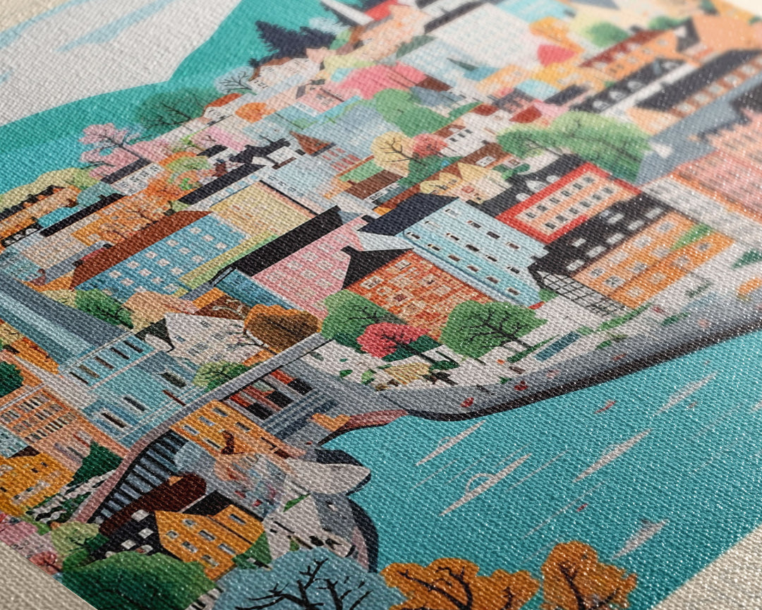 Bergen Norway Travel Poster Framed Canvas Print, Midcentury Modern Art, Pop Art Wall Decor, Home Decor, Vacation Gift, Living Room Art