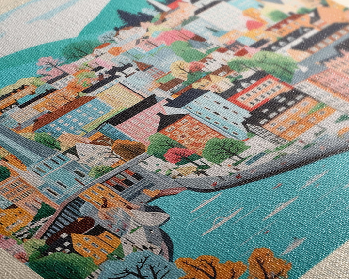 Bergen Norway Travel Poster Framed Canvas Print, Midcentury Modern Art, Pop Art Wall Decor, Home Decor, Vacation Gift, Living Room Art