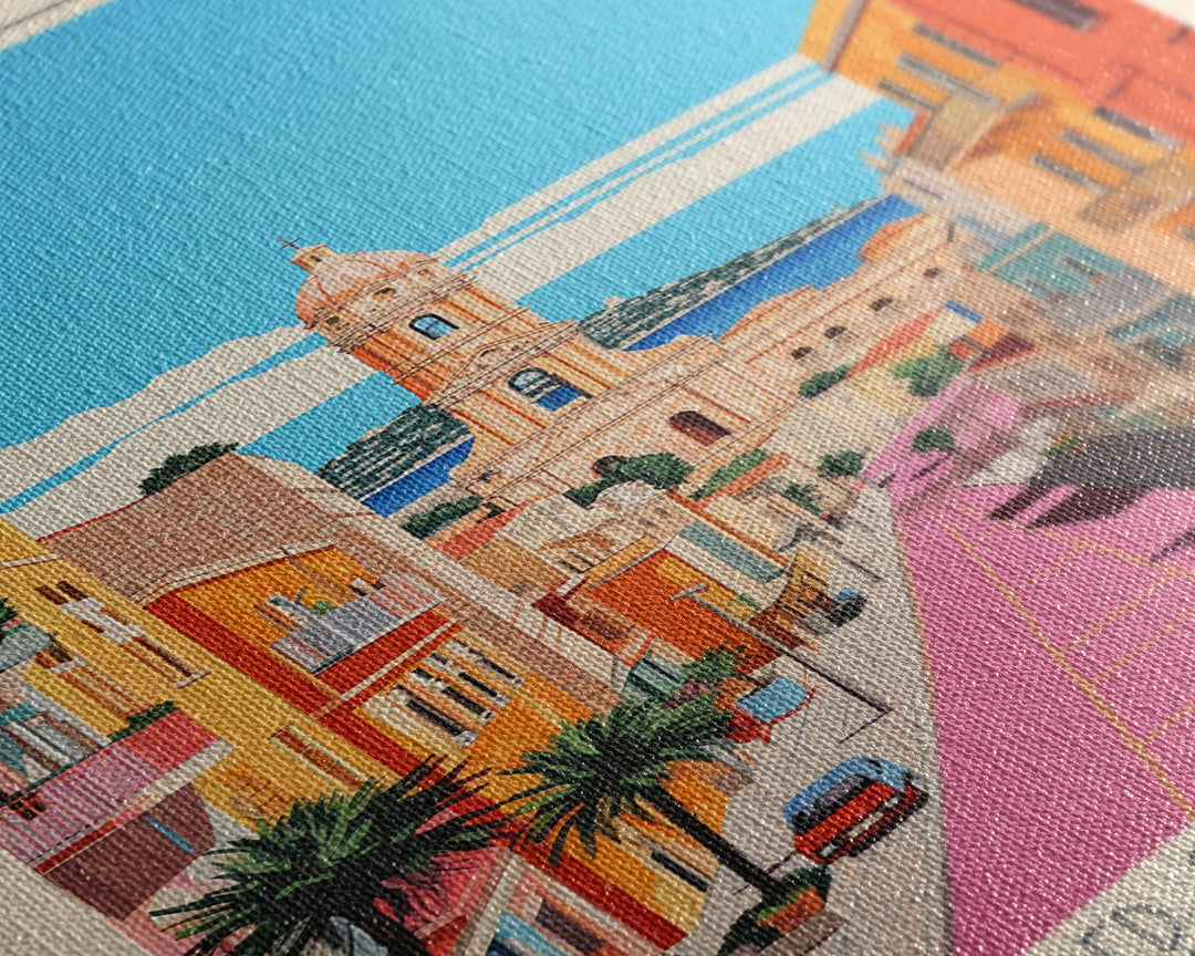 Cagliari Italy Travel Poster Framed Canvas Print, Midcentury Modern Art, Pop Art Wall Decor, Home Decor, Vacation Gift, Living Room Art