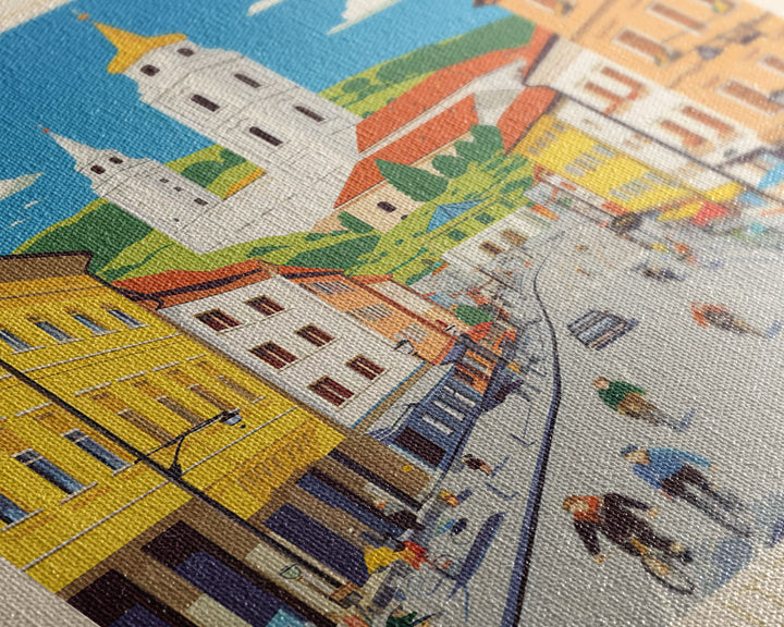 Celje Slovenia Travel Poster Framed Canvas Print, Midcentury Modern Art, Pop Art Wall Decor, Scenic Wall Art, Living Room Art