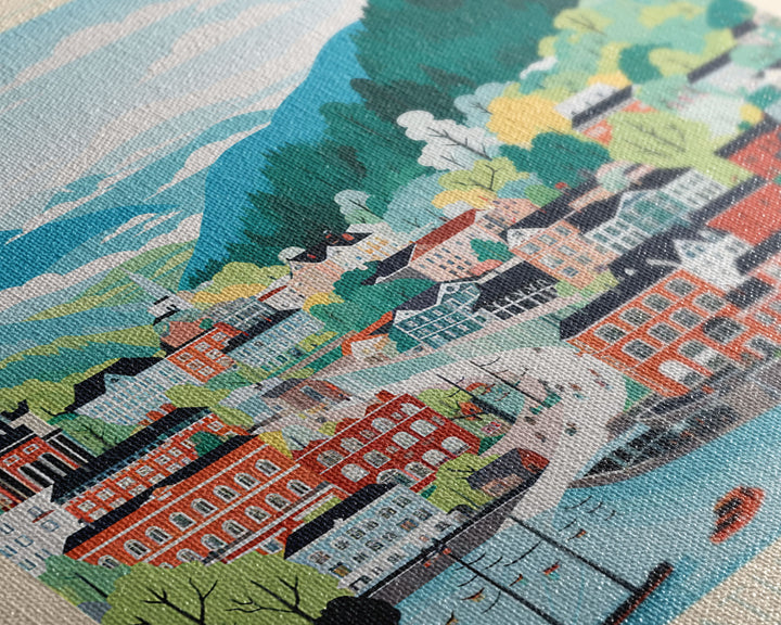 Drammen Norway Travel Poster Framed Canvas Print, Midcentury Modern Art, Pop Art Wall Decor, Home Decor, Vacation Gift, Living Room Art